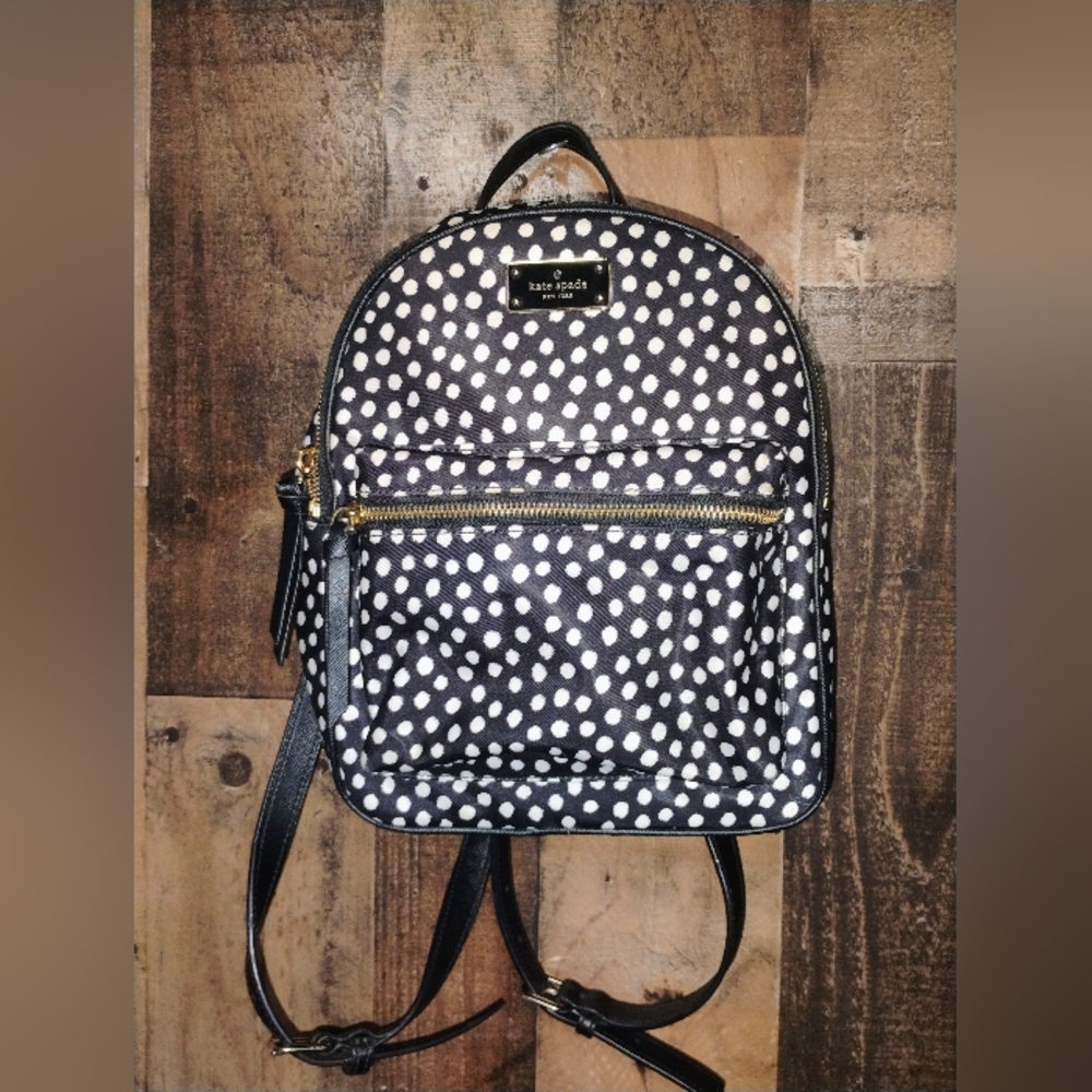 Kate Spade Polka Dot Small Nylon Mini Backpack travel black white - Picture 2 of 11